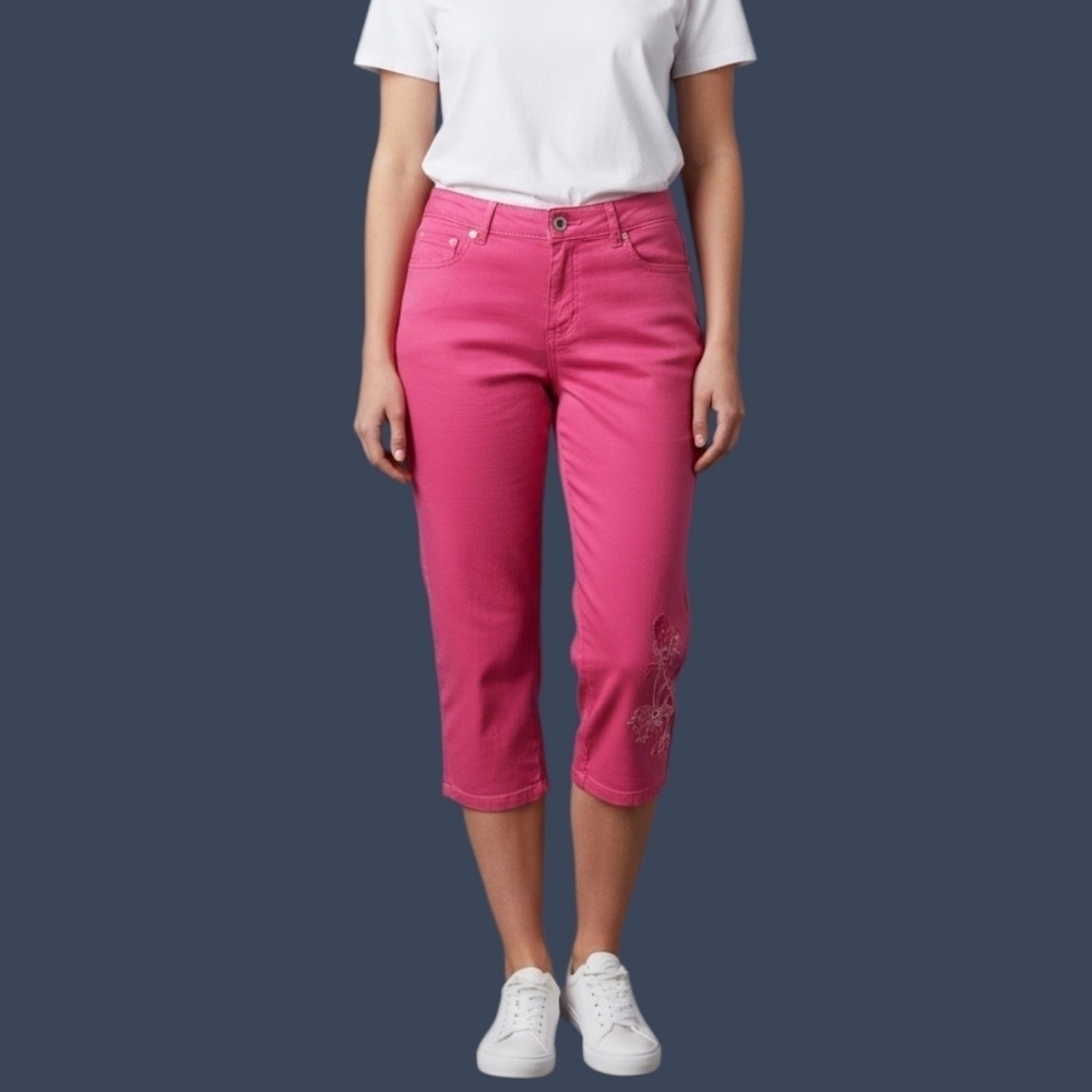 TANJAY Hot Pink High Rise Denim Pedal Pusher Wide Leg Floral Applique Jorts